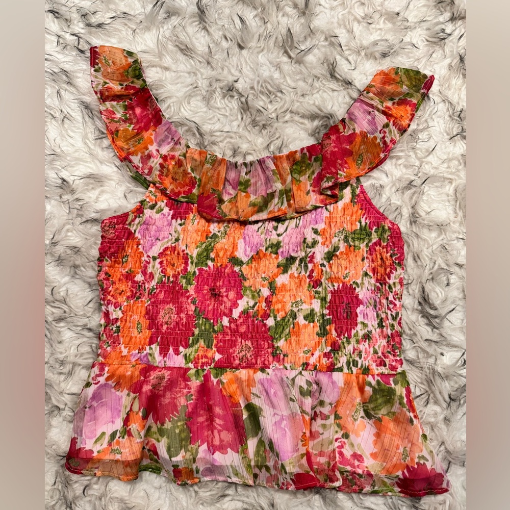 Like New! šŗLC Lauren Conrad Pink and Orange Ruffled Peplum Blousešŗ - Picture 4 of 5